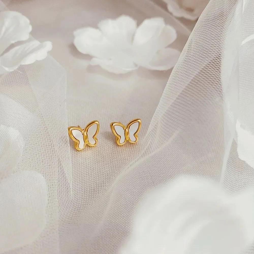 18K Gold Plated Mother of Pearl Butterfly Earrings Studs - Picture 6 of 8